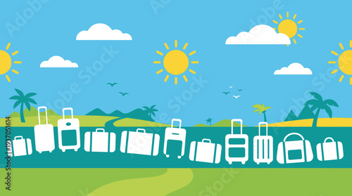 Sunny tropical beach scene with loungers along the shore and palm trees.