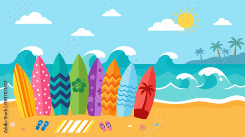 Colorful surfboards lined up on sunny beach with ocean waves and palm trees, tropical seaside landscape.