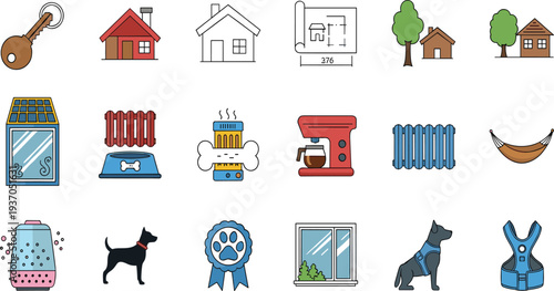 Pet Care and Home Living Icon Set with Dog House Key Blueprint Food Bowl Grooming Ribbon and Domestic Lifestyle Vector Illustration.
