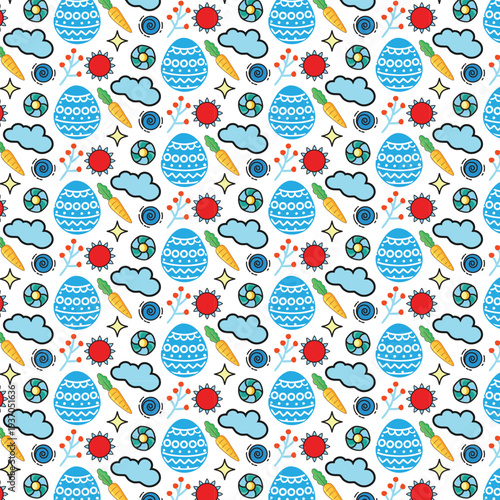 A repeating pattern design featuring whimsical Easter eggs carrots clouds and sun elements