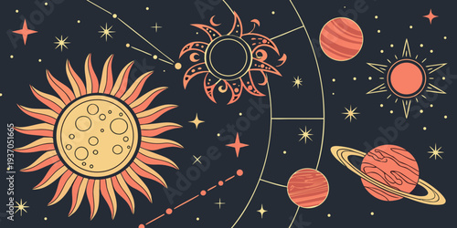 A celestial collection of suns, moons, stars, constellations, and astrological symbols on a dark background. vector icon