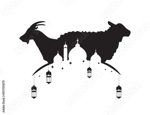 Islamic Eid al-Adha Silhouette with Goat Sheep and Mosque
