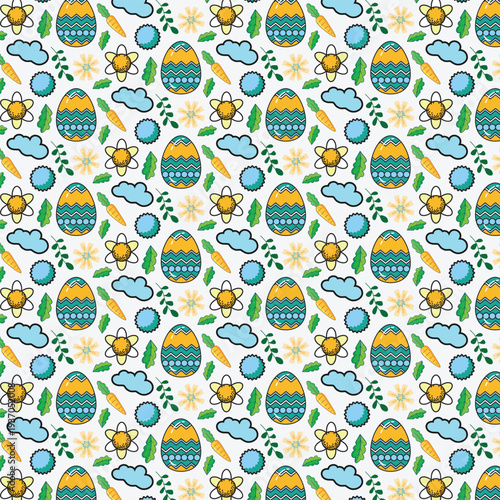 Seamless pattern with colorful cartoon Easter eggs carrots flowers and clouds for spring celebration