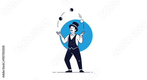 A line-art man in a top hat and vest is juggling three balls.