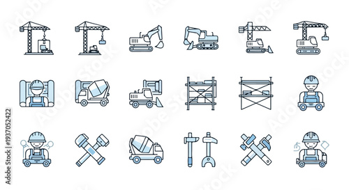 A collection of stylized two-tone line icons representing construction site elements like cranes, excavators, concrete mixers, scaffolding, workers, and tools.