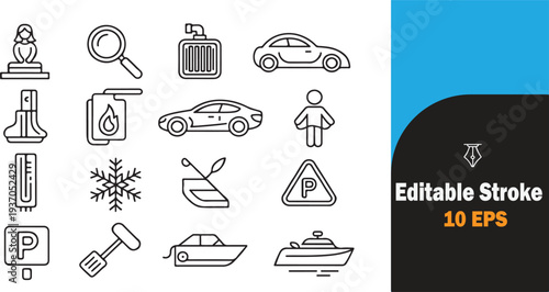Editable Stroke Icon Set with Car, Parking, Search, Woman, Snow, and Monument Symbols for Websites, Apps, Digital Media, and Graphic Design Projects