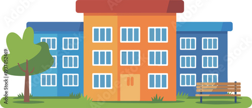 Modern apartment building vector illustration with park, trees, and benches in residential housing urban neighborhood concept design