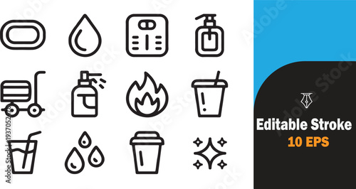 Set of ten editable stroke icons for cleaning and safety items