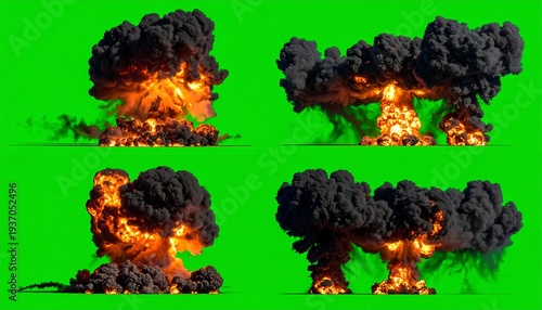 4 explosive mushroom clouds billowing upwards on a bright green screen