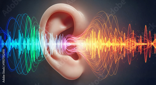 Ear listening to colorful sound waves on a dark background for World Hearing Day