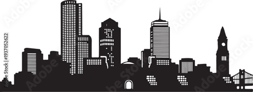 City skyline silhouette with tall buildings and clock tower isolated on transparent background