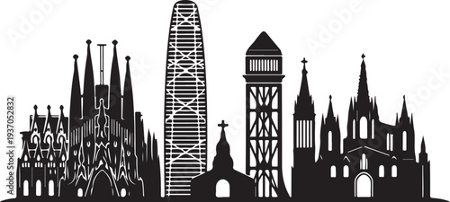 Cityscape with famous buildings and towers in black silhouettes on transparent background