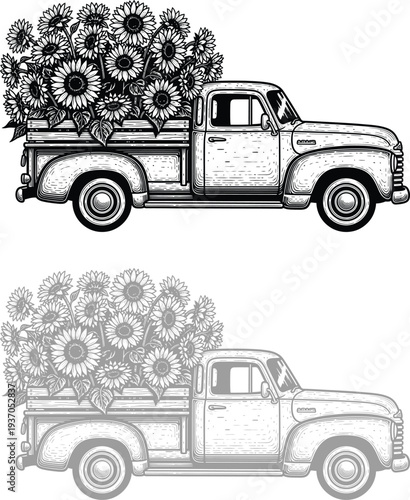 Vintage set of classic old cars and trucks illustration.