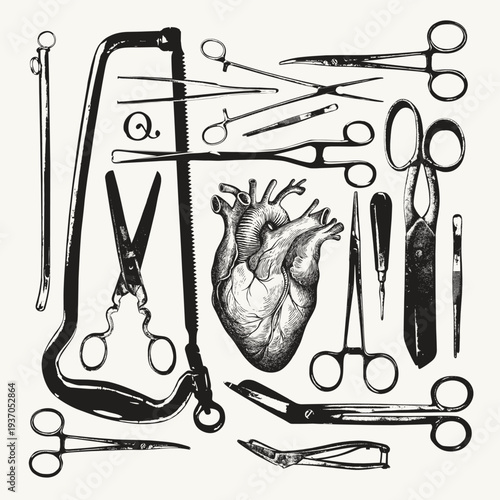 Vector banner with surgical instruments and a human heart on the topics of anatomy, surgery, and cardiology. Vintage background with medical sketches. No ai