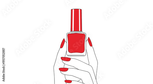 A hand with red polished nails holds a red nail polish bottle.