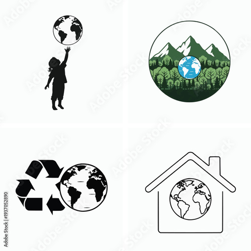Set of four environmental icons related to saving the earth and ecology concepts