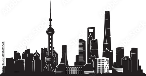 Modern city skyline silhouette with skyscrapers and towers on transparent background