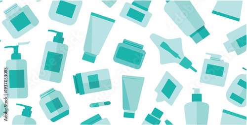 Skincare and Cosmetic Packaging Bottles Pattern with Cream Tubes, Pump Dispensers and Dropper Containers Seamless Beauty Product Vector Background