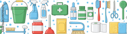 Cleaning tools and household hygiene supplies collection with bucket spray bottle sponge brush disinfectant icons vector illustration set
