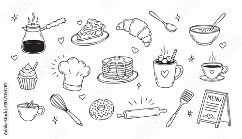 Charming monochrome line drawings of delicious pastries, invigorating coffee, cozy hot chocolate, breakfast items, and baking accessories for creating inviting food themed graphics.