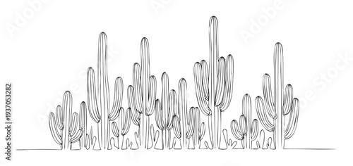 Contemporary continuous line artwork depicting a sparse desert scene with multiple succulent cactus plants useful for modern branding and ecological themed presentations.