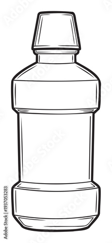 Outline drawing of a generic mouthwash or medicine bottle with a measuring cup lid, suitable for health and wellness product advertisements or graphic resources.