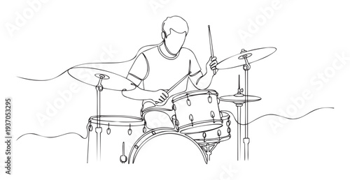 A continuous line drawing captures a male drummer passionately playing a full drum set with sticks, perfect for musicthemed websites, band promotions, or event flyers and posters.