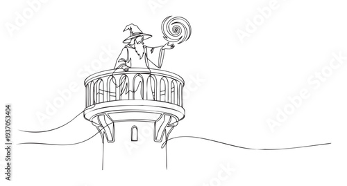 Wise old wizard on a tower balcony casting a powerful swirling magic spell, rendered in a unique continuous single line drawing, perfect for fantasy book covers and game illustrations.
