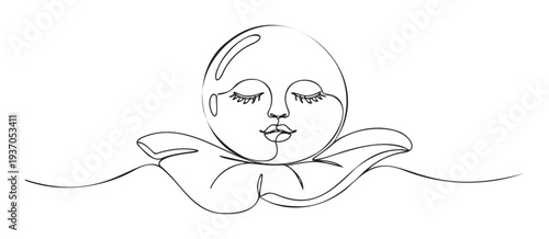 Minimalist continuous line drawing of a sleeping face representing tranquility and dreams, perfect for modern wall art, spiritual wellness projects, or soothing graphic print designs.