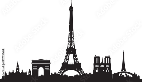 Paris city skyline silhouette with Eiffel Tower and famous landmarks on transparent background