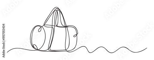 Minimalist continuous single line drawing of a modern handbag with sleek handles and an abstract wavy line perfect for contemporary apparel branding and stylish accessory promotions.