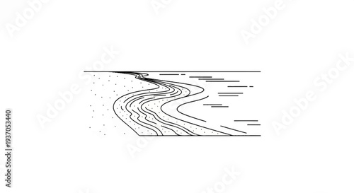 Abstract wavy lines and dots suggest a flowing river or geological formation