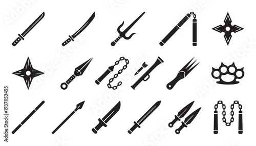 A comprehensive collection of ninja and martial arts weapons presented as sleek silhouette icons, perfect for game development, graphic projects, or educational content.