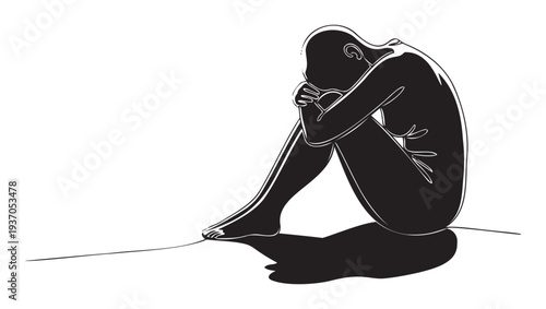 Silhouette of a person sitting alone and curled up, depicting profound emotions of sadness, depression, anxiety, or grief, suitable for mental health awareness campaigns and psychological