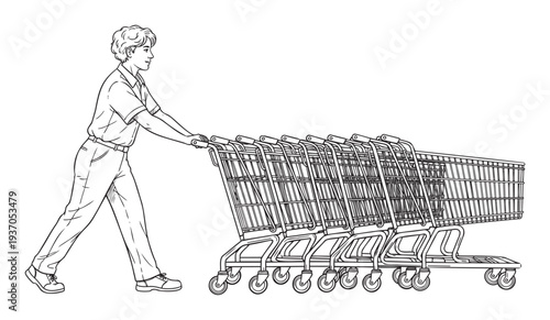 Young man diligently pushing a long train of nested metal shopping carts across a store floor, suitable for depicting retail operations or employee tasks.