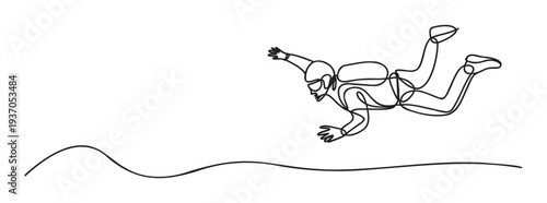 Continuous line drawing of a skydiver in freefall, capturing the essence of extreme sports and adventure, ideal for modern active lifestyle branding or promotional material for outdoor
