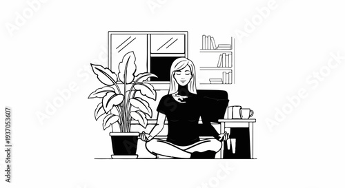 Woman meditates at desk with plant, window, and bookshelves