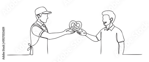 Continuous line drawing of a friendly baker offering a delicious pretzel to a smiling customer, ideal for food service marketing, snack promotions, or positive customer interaction visuals.