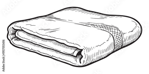 A timeless black and white line drawing of a plush folded blanket or towel, perfect for conveying coziness, domestic comfort, and everyday household textile products in commercial uses.