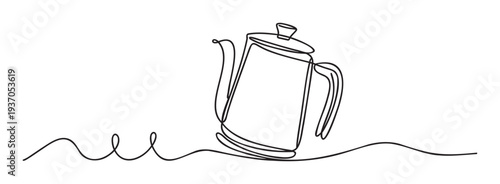 A minimal continuous line drawing of a classic coffee pot or teapot gracefully resting on a subtle wavy ground, ideal for culinary blogs, kitchen decor branding, or beveragerelated