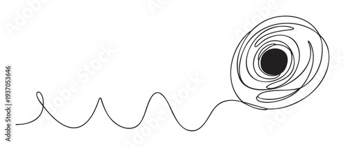 A meandering black line transforms from a simple wave into a complex swirling vortex, symbolizing growth, problem resolution, or the intricate path of thought and innovation