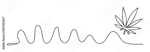 A sleek continuous black line forming a dynamic wavy graph that gracefully transitions into the clear outline of a cannabis leaf, embodying a natural path towards botanical health and
