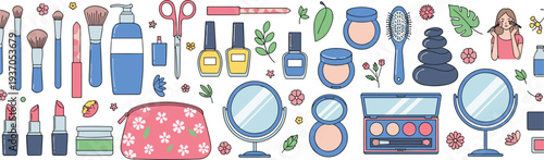 Hand drawn cosmetic and makeup tools collection including brushes lipstick mirror nail polish skincare bottles beauty accessories vector illustration set