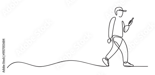 Continuous line drawing of a man walking and using his mobile phone, ideal for modern communication, digital lifestyle, and technologyrelated content across various platforms and campaigns.