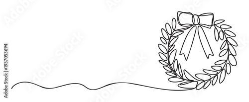 Minimalist continuous line drawing of a festive holiday wreath adorned with an elegant bow, perfect for seasonal invitations, greeting cards, and celebratory event decorations.