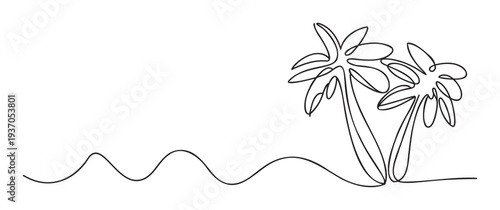 Continuous line drawing of two tropical palm trees swaying on a sandy beach, symbolizing a peaceful summer vacation getaway for travel and holiday promotions.
