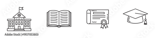 Collection of linear educational icons representing academic success and learning journey perfect for school program brochures university websites and graduation celebration promotions