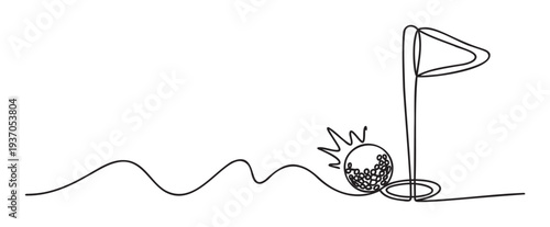 Continuous line drawing of a golf ball and flag on a golf course, representing sports, recreation, and leisure, ideal for event promotions, sports club branding, or golf tournament
