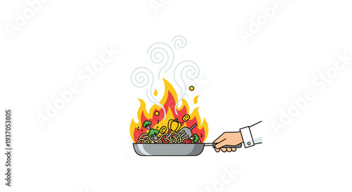 A hand holds a frying pan with noodles and vegetables engulfed in flames.