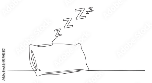 Minimalist single line drawing of a soft comfortable pillow with Zzz signs symbolizing sleep, perfect graphic asset for sleep hygiene information, bedroom product promotions, or stress
